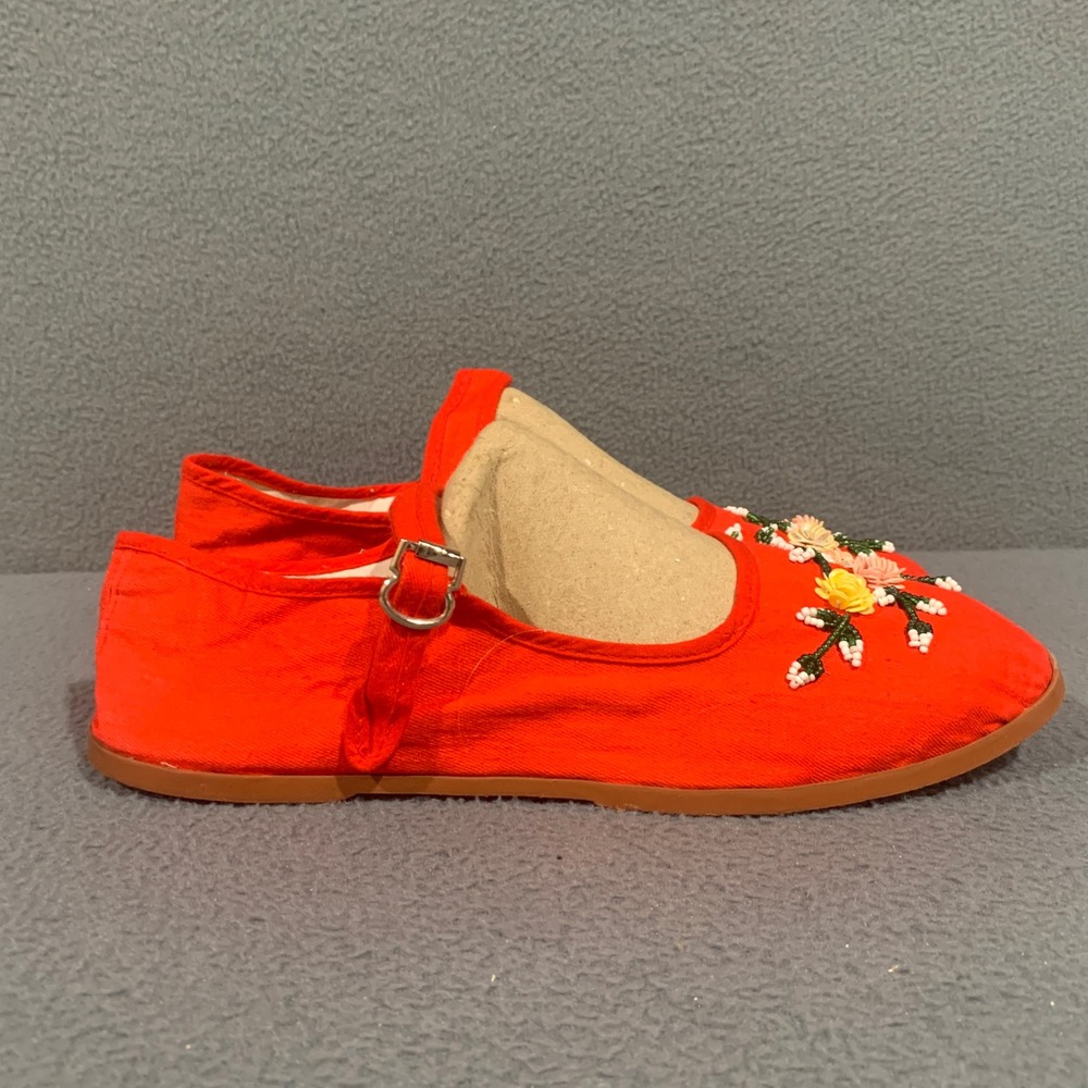 Easy USA Mary Jane Flats Women Size 10 Red Canvas Floral Beaded Sequin Fairy